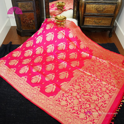 Hot Pink Pure Banarasi Katan handloom Silk Saree in Kadhuan Weaves