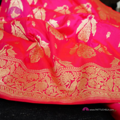 Hot Pink Pure Banarasi Katan handloom Silk Saree in Kadhuan Weaves