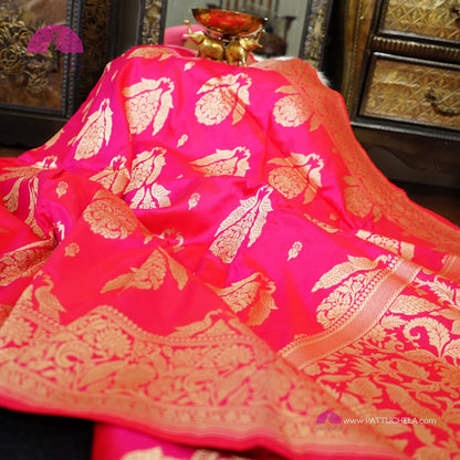 Hot Pink Pure Banarasi Katan handloom Silk Saree in Kadhuan Weaves