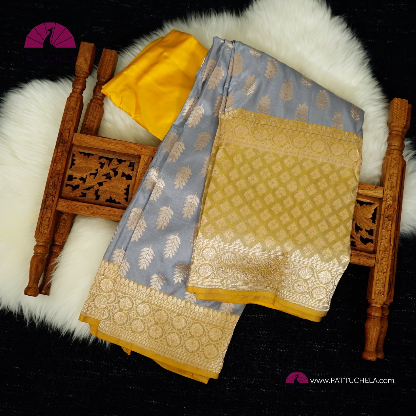 Gorgeous Grey Banarasi Katan Handloom Silk Saree with Yellow zari borders