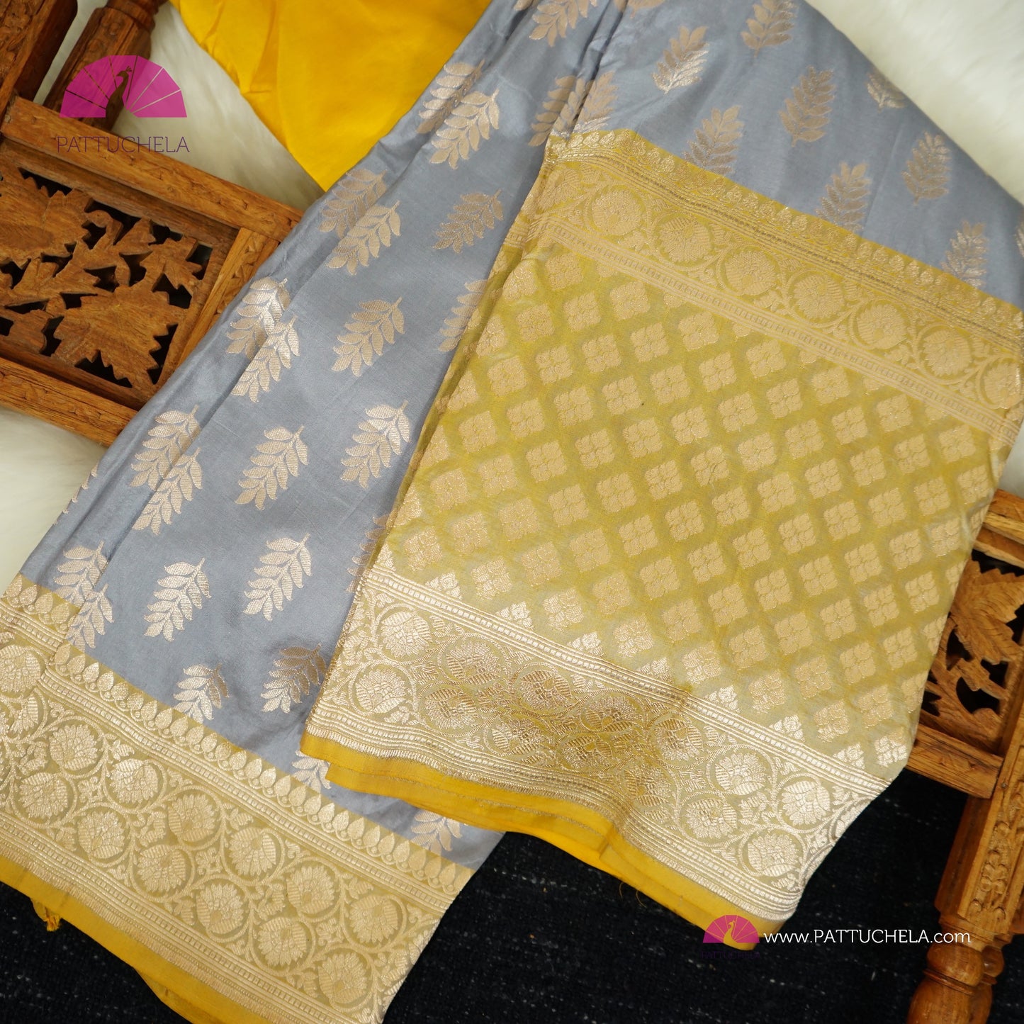 Gorgeous Grey Banarasi Katan Handloom Silk Saree with Yellow zari borders