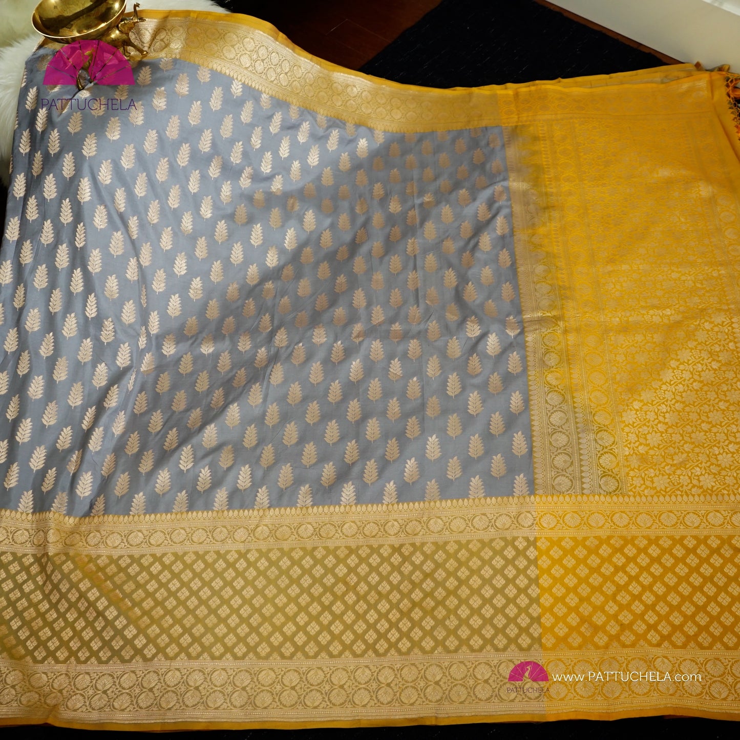 Gorgeous Grey Banarasi Katan Handloom Silk Saree with Yellow zari borders