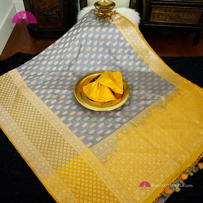 Gorgeous Grey Banarasi Katan Handloom Silk Saree with Yellow zari borders