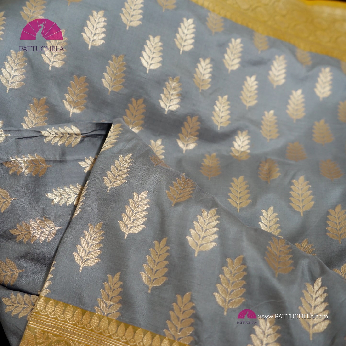 Gorgeous Grey Banarasi Katan Handloom Silk Saree with Yellow zari borders