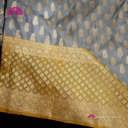 Gorgeous Grey Banarasi Katan Handloom Silk Saree with Yellow zari borders