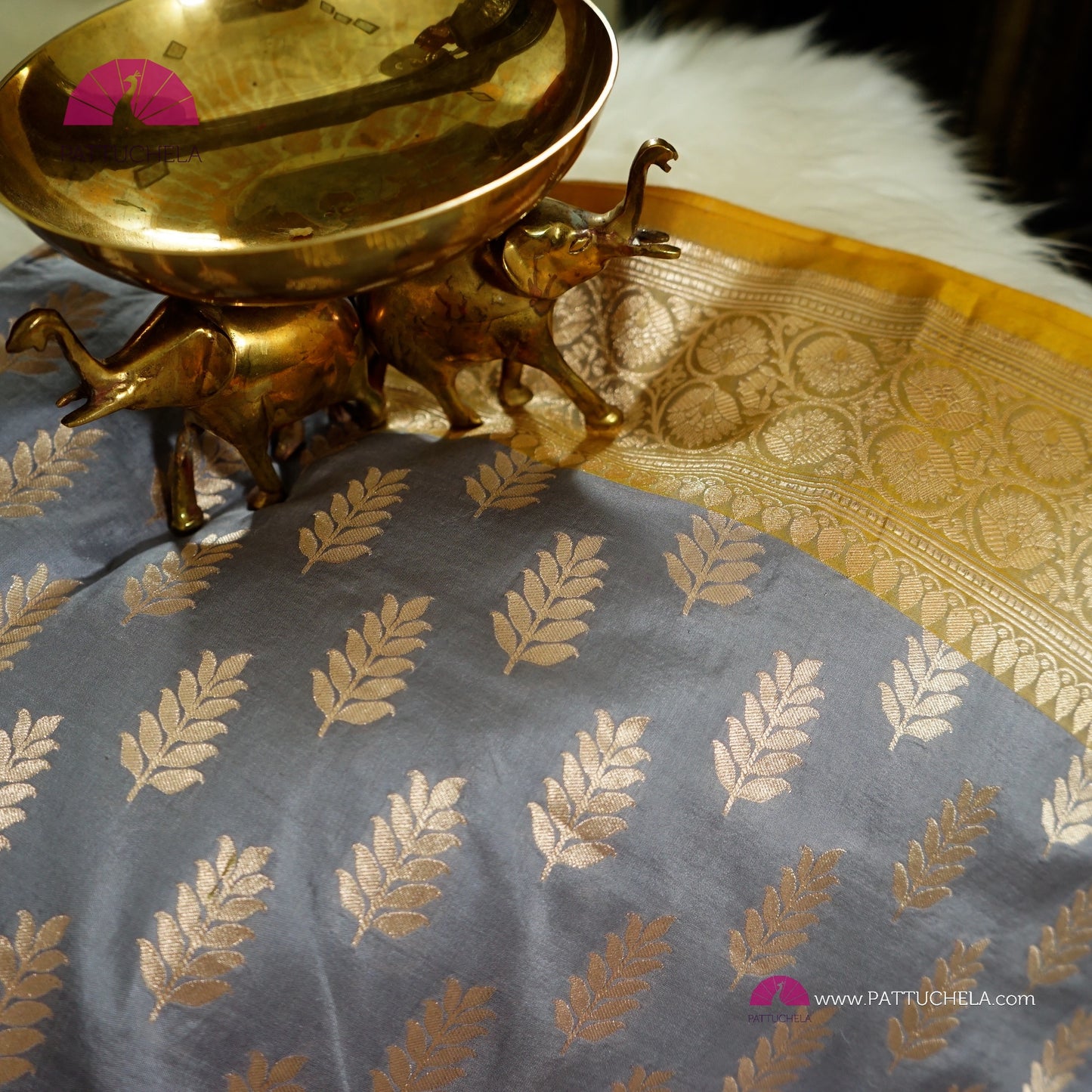 Gorgeous Grey Banarasi Katan Handloom Silk Saree with Yellow zari borders