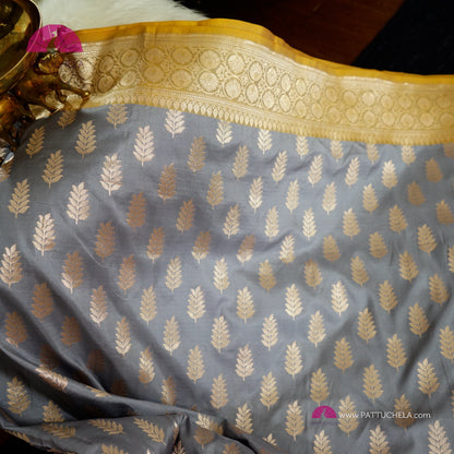 Gorgeous Grey Banarasi Katan Handloom Silk Saree with Yellow zari borders