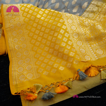 Gorgeous Grey Banarasi Katan Handloom Silk Saree with Yellow zari borders