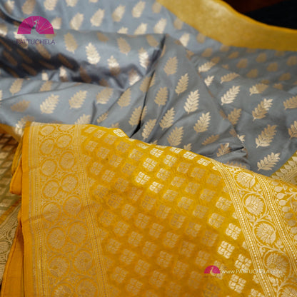 Gorgeous Grey Banarasi Katan Handloom Silk Saree with Yellow zari borders