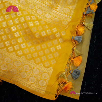 Gorgeous Grey Banarasi Katan Handloom Silk Saree with Yellow zari borders