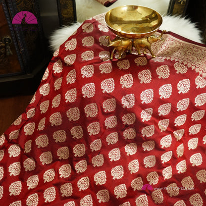 Pure Maroon Red Banarasi Katan Handloom Silk Saree