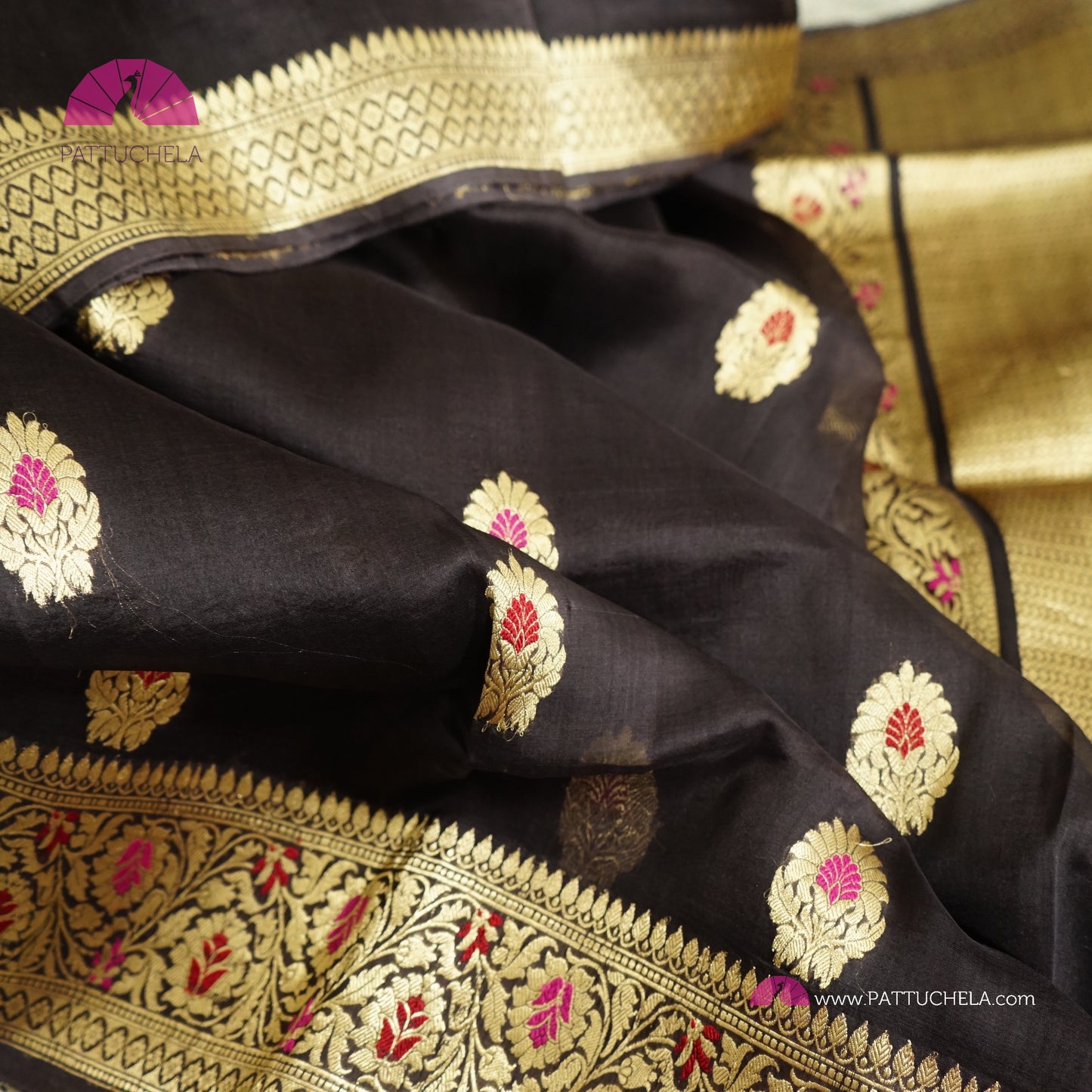 Pure Black Banarasi Kora Handloom Silk Saree with Meenakari weaves