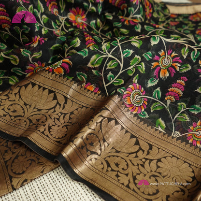 Black Banarasi digital print Kora Handloom Silk Saree in Kalamkari Pattern