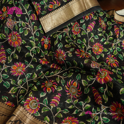 Black Banarasi digital print Kora Handloom Silk Saree in Kalamkari Pattern