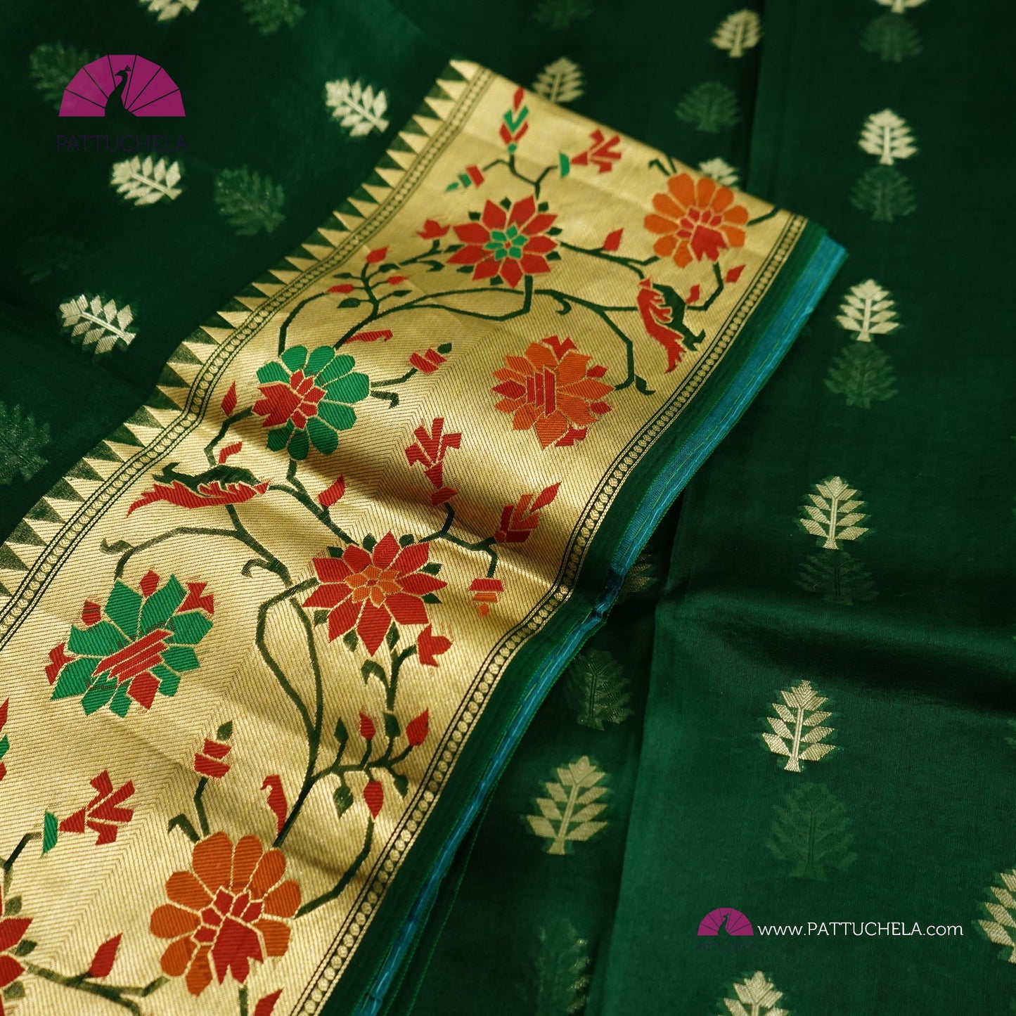 Bottle Green Banarasi  Kora Handloom Silk Saree with Floral Paithani Borders