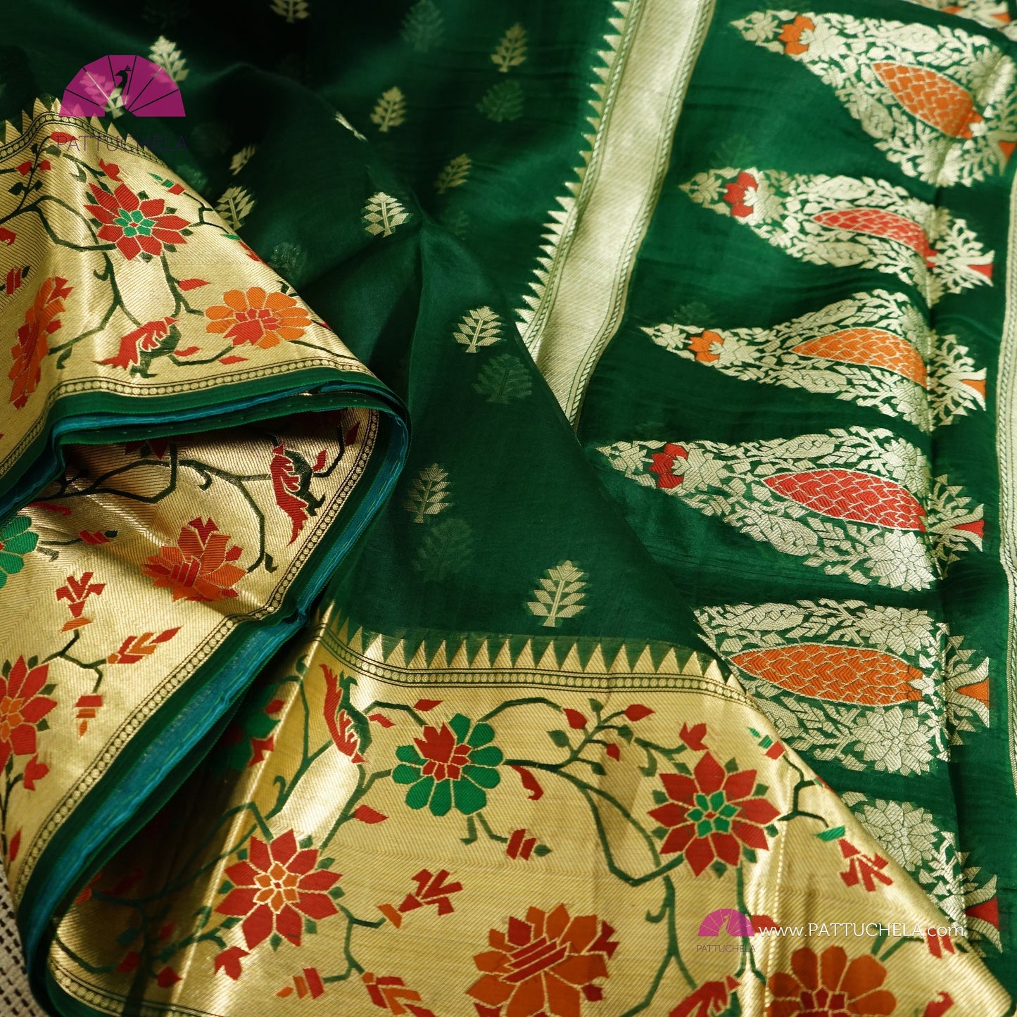 Bottle Green Banarasi  Kora Handloom Silk Saree with Floral Paithani Borders