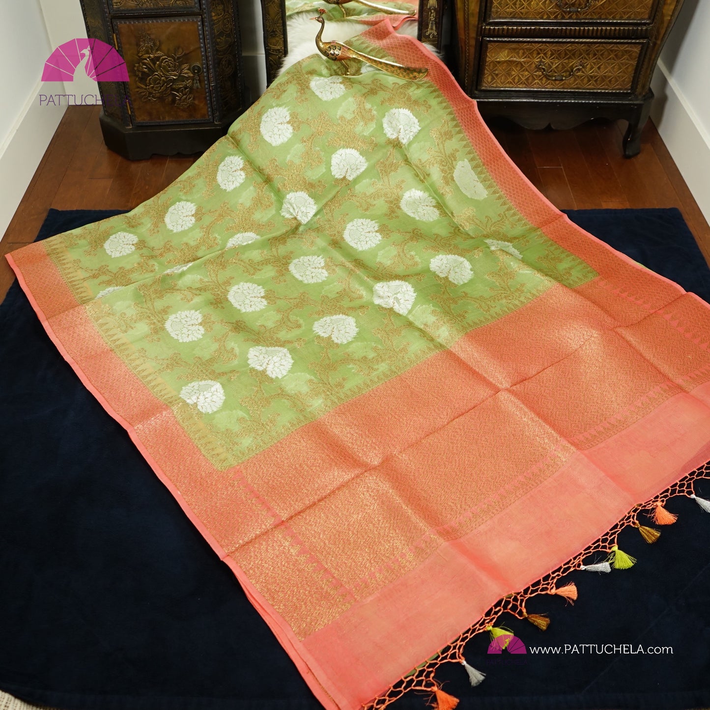 Pistachio Green and Peach Banarasi Handwoven Soft Kora Silk Saree with Jaal weaves