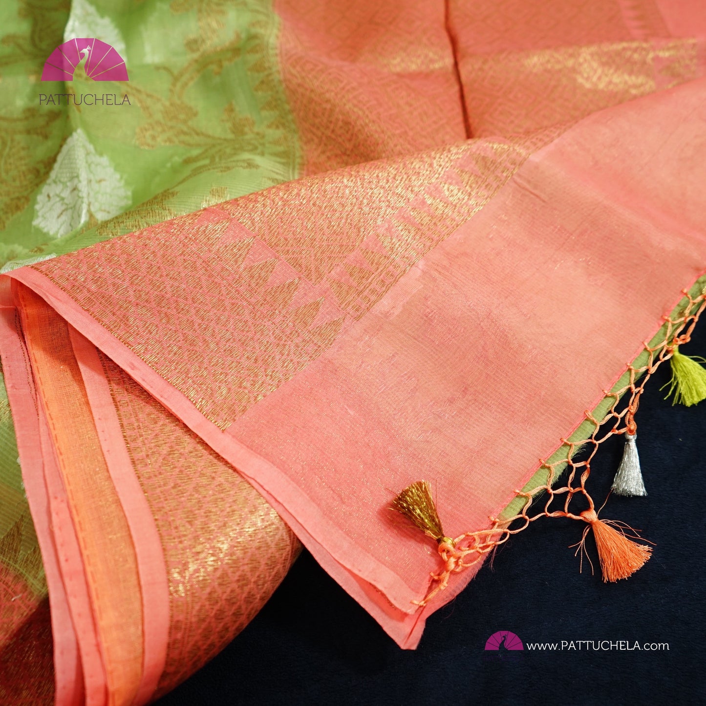 Pistachio Green and Peach Banarasi Handwoven Soft Kora Silk Saree with Jaal weaves