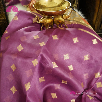 Purple Banarasi Kora Handloom Silk Saree with Diamond Paithani Koniya Borders