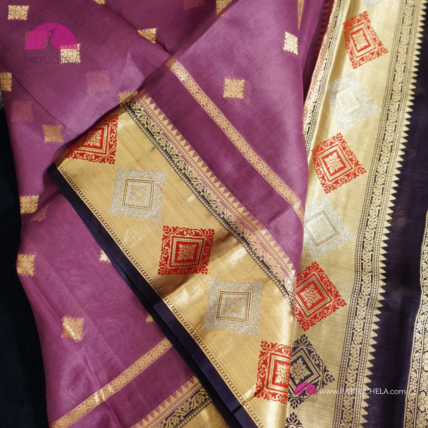 Purple Banarasi Kora Handloom Silk Saree with Diamond Paithani Koniya Borders