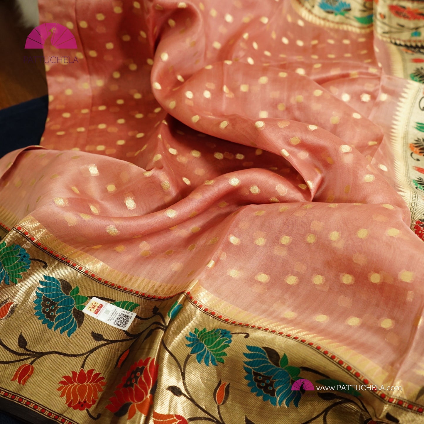 Dusty Pink Banarasi Kora Handloom Silk Saree with Floral Paithani Borders