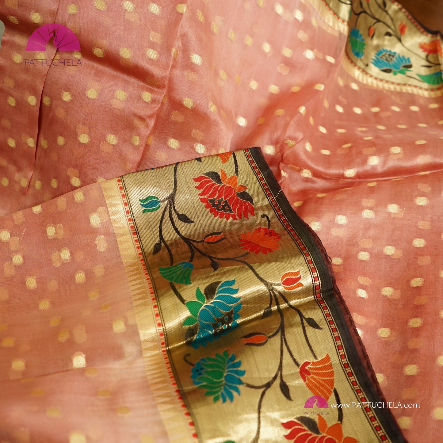 Dusty Pink Banarasi Kora Handloom Silk Saree with Floral Paithani Borders