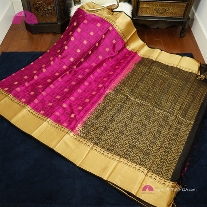 Majenta Kanchipuram Handloom SILK MARK CERTIFIED Saree with Gold Bavanchi Borders