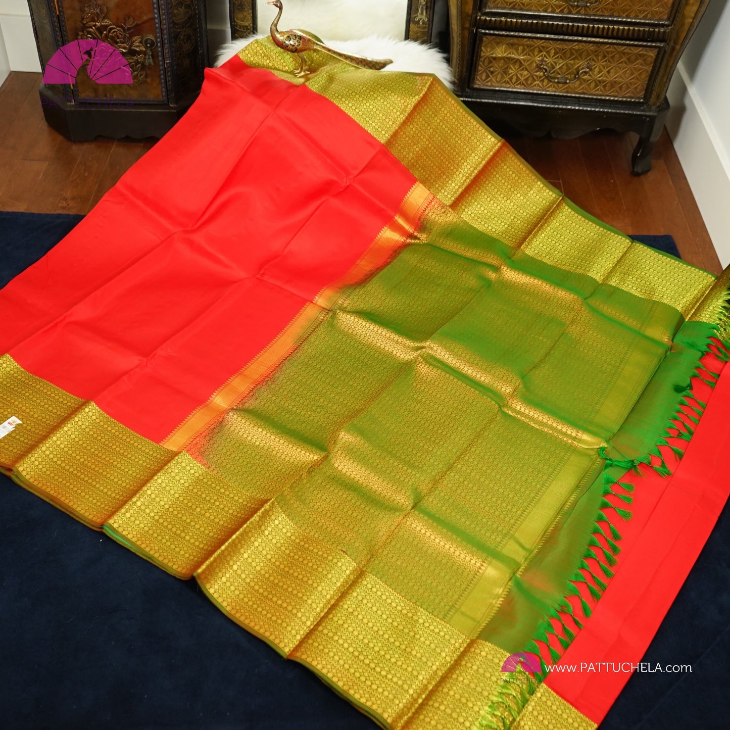 Red Kanchipuram Silk Saree with Green zari Borders and Pallu | Wedding Saree | Silk Mark Certified | PattuChela