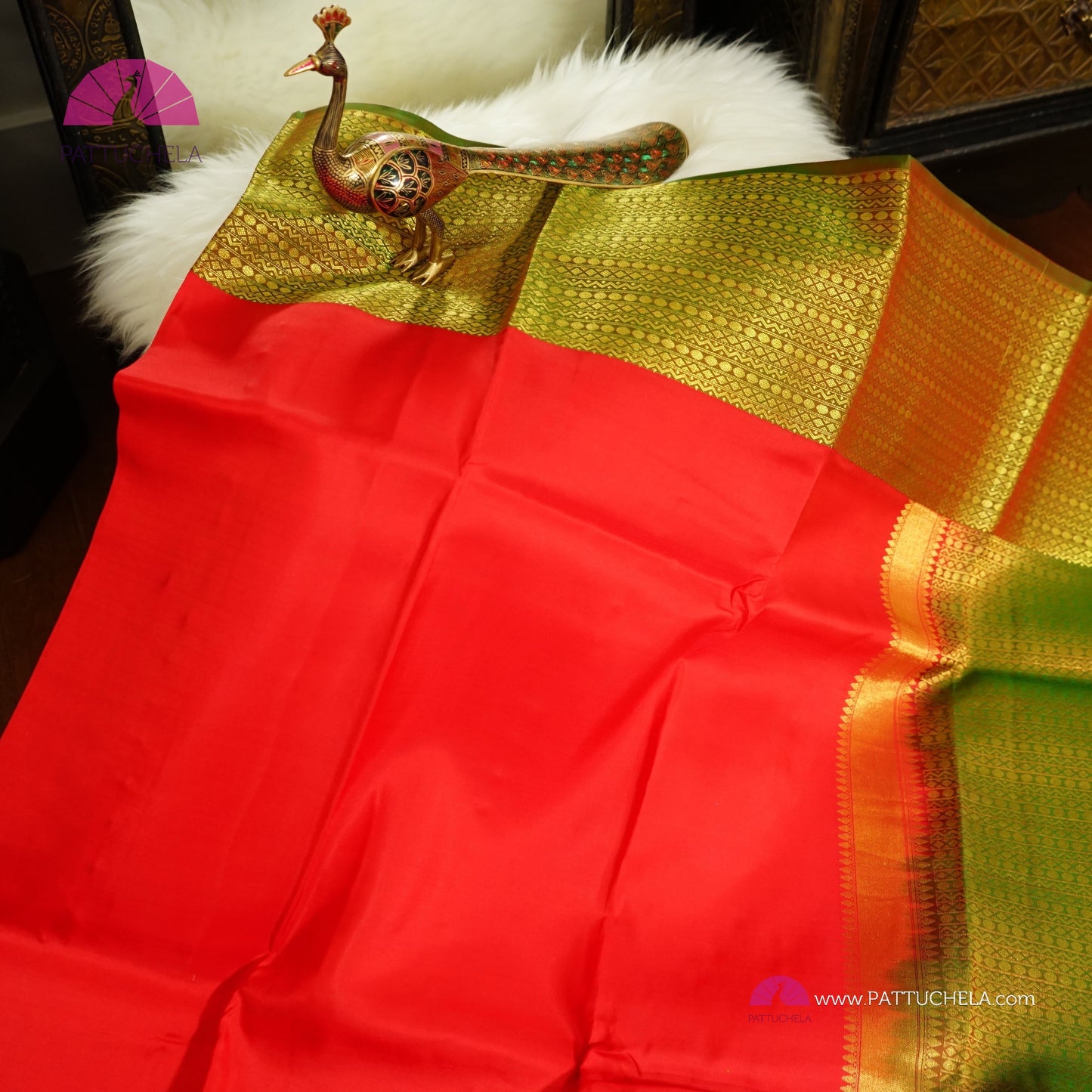 Red Kanchipuram Silk Saree with Green zari Borders and Pallu | Wedding Saree | Silk Mark Certified | PattuChela