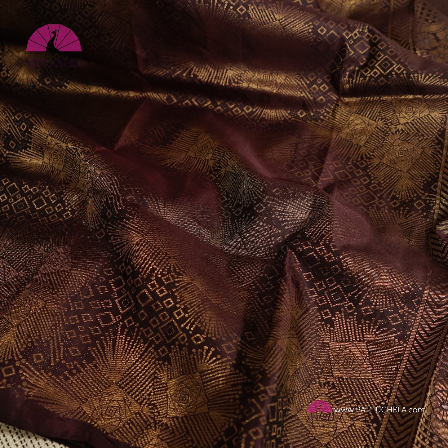 Dark Plum Purple Borderless Kanchipuram Handloom SILK MARK CERTIFIED Saree with antique Gold Zari weaves