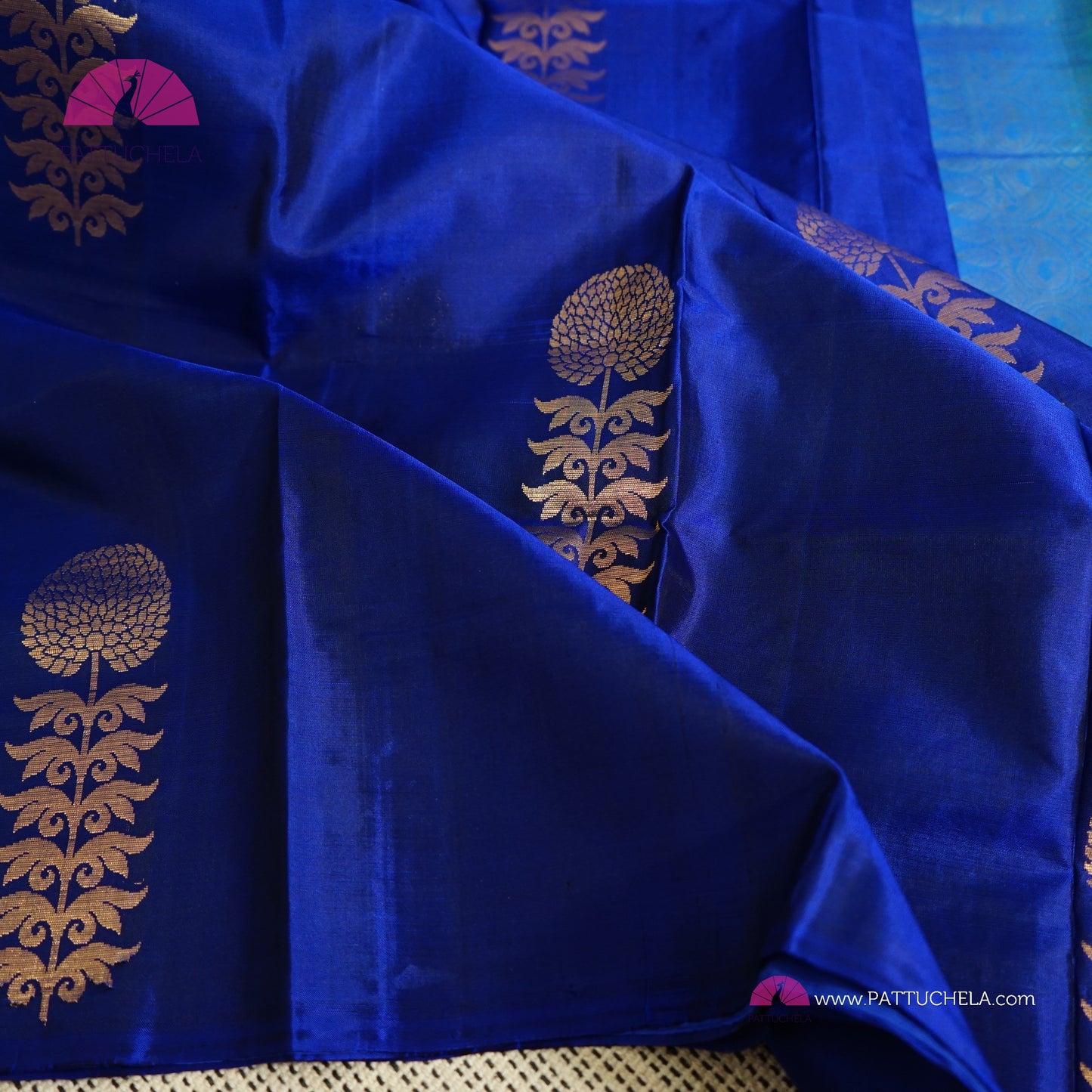 Pure Blue Kanchipuram Borderless Soft Silk Saree with floral Zari Motifs | Party Wear | SilkMark Certified | PattuChela