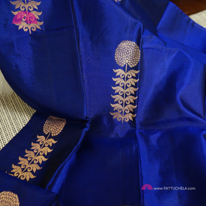 Pure Blue Kanchipuram Borderless Soft Silk Saree with floral Zari Motifs | Party Wear | SilkMark Certified | PattuChela