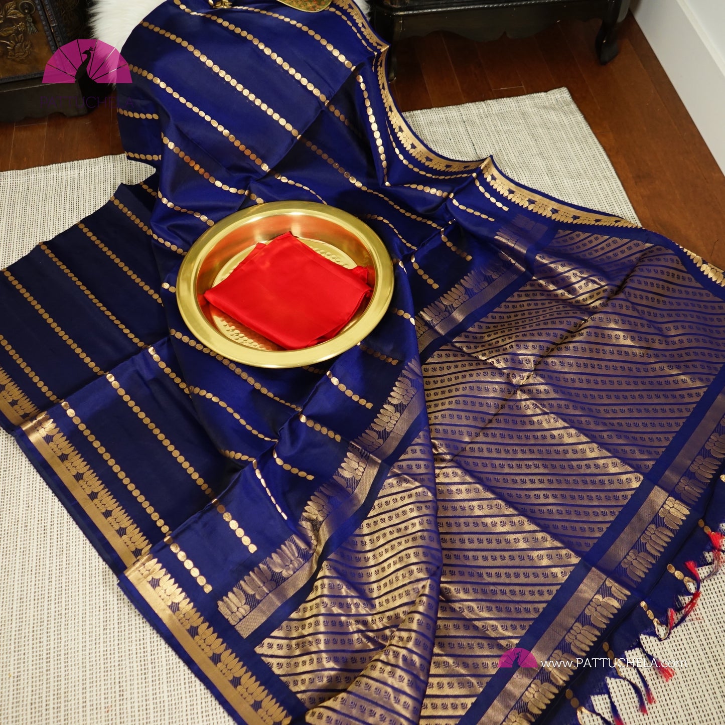 Blue Kanchipuram Stripes Silk Saree with Gold Zari Weaved Border | Wedding Saree | Silk Mark Certified | PattuChela