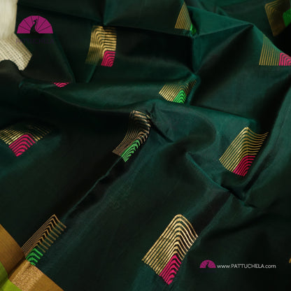 Bottle Green Pure Kanchipuram Soft Silk Saree with Meenakari Zari Motifs | Wedding Saree | Silkmark Certified | Kanjivaram Silks | PattuChela Silks