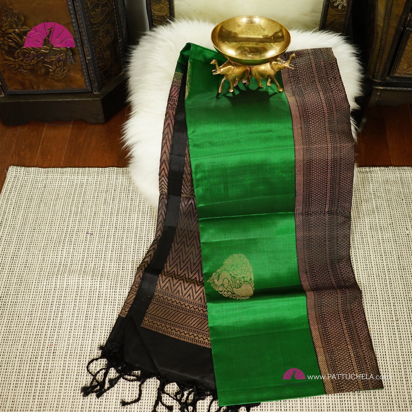 Green Kanchipuram Soft Silk Saree with Stripped Black Border with Peacock Zari Motifs| Party Wear | Wedding Silk | SilkMark Certified | PattuChela