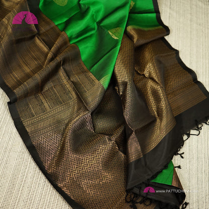 Green Kanchipuram Soft Silk Saree with Stripped Black Border with Peacock Zari Motifs| Party Wear | Wedding Silk | SilkMark Certified | PattuChela
