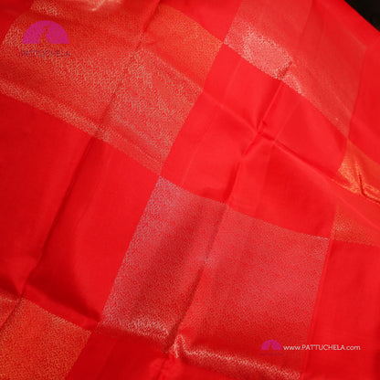 Red Kanchipuram Borderless Silk Saree with Square Block Motifs in Gold and Silver Zari weaves | SILK MARK CERTIFIED | Kanjivaram Silks