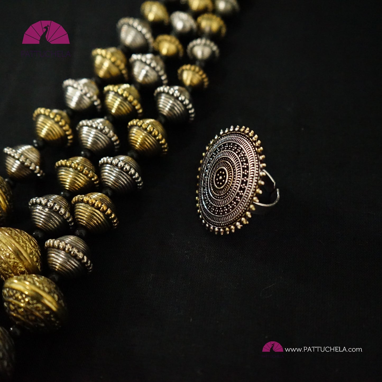 Gold & Silver oxidized 3 layer long bead necklace Set with earrings and finger ring | Bead Mala | Indian Jewelry