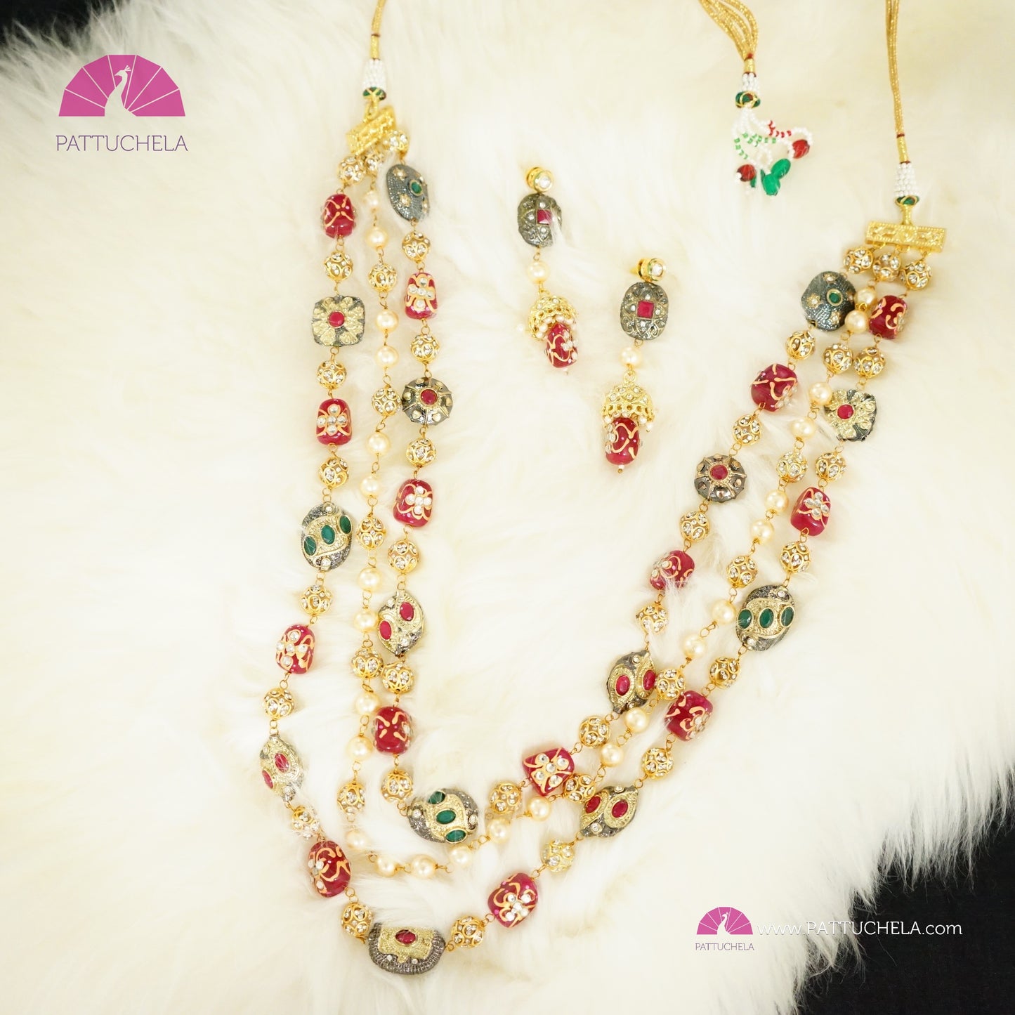 3 layer Beautiful Mughal Jadau Beads, Stone Long Necklace set with ear rings