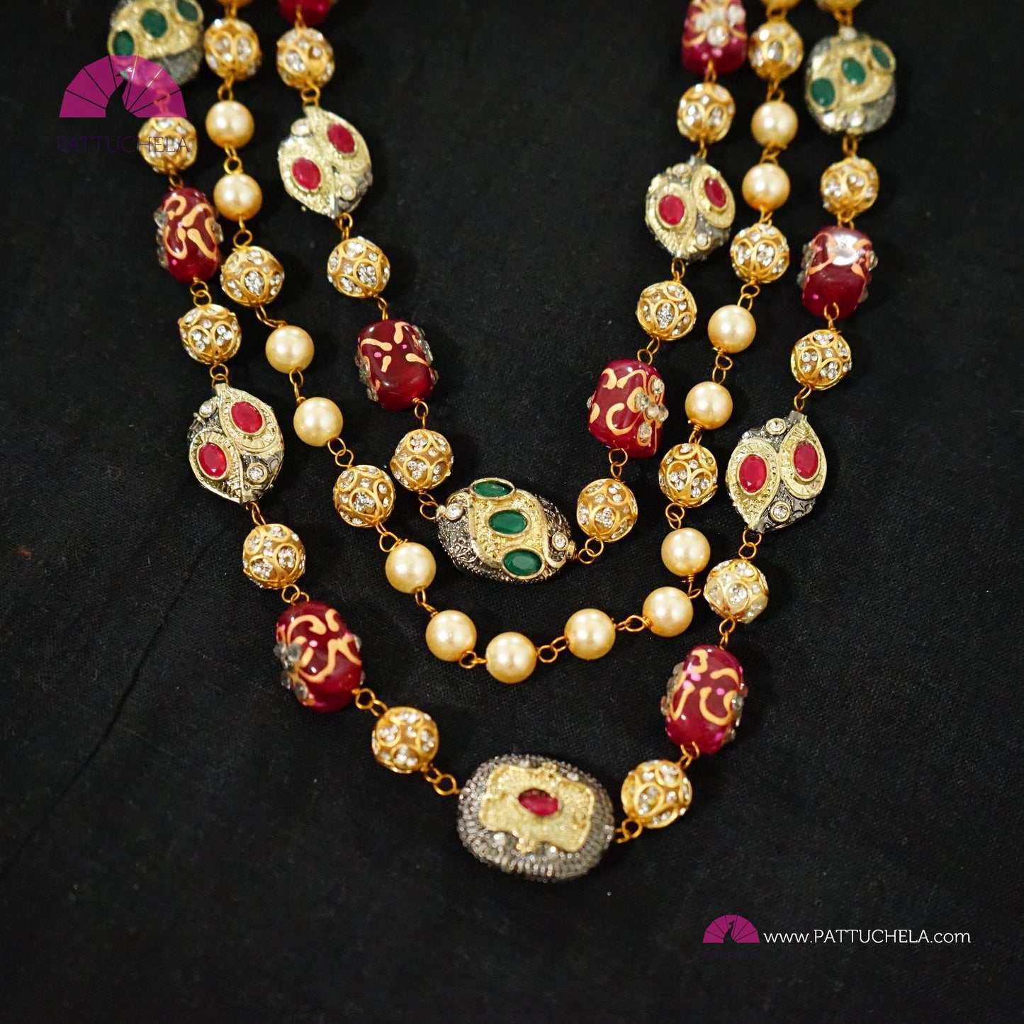 3 layer Beautiful Mughal Jadau Beads, Stone Long Necklace set with ear rings