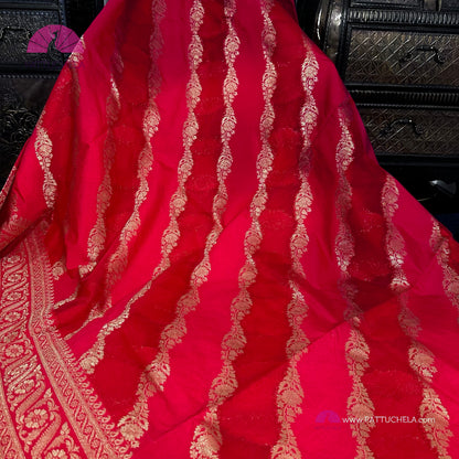 Crimson Pink Banarasi Kora Organza Leheriya Saree with STITCHED BLOUSE