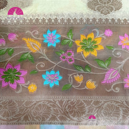 Cream Banarasi Organza Floral Paithani Tilfi Saree with STITCHED BLOUSE