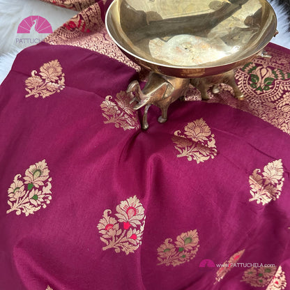 Wine Banarasi Soft Silk Meenakari Saree with STITCHED BLOUSE
