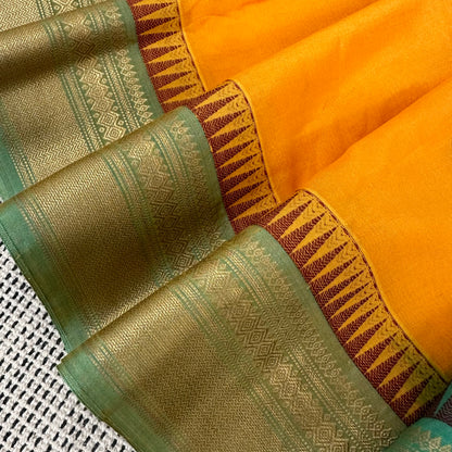 Mango Yellow Gadwal Handloom Silk Cotton Sarees with Ganga Jamuna Borders | Sico Sarees | Wedding Saree | Gadwal Silk