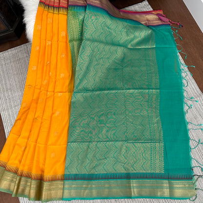 Mango Yellow Gadwal Handloom Silk Cotton Sarees with Ganga Jamuna Borders | Sico Sarees | Wedding Saree | Gadwal Silk