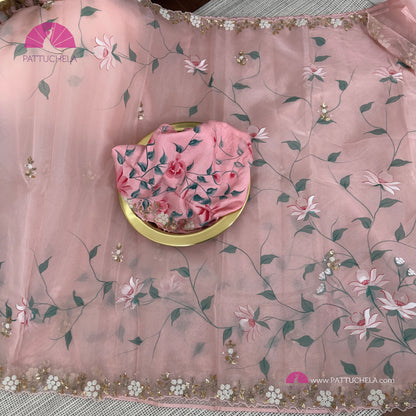 Pastel Peach Pink Organza Silk Hand Painted Saree with Handwork Embroidery | Designer & Party Wear | Organza Silks