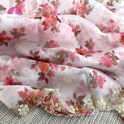 White Organza Silk Digital Print Floral Saree with Hand worked Scalloped Border | Designer & Party Wear | Organza Silks