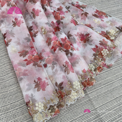 White Organza Silk Digital Print Floral Saree with Hand worked Scalloped Border | Designer & Party Wear | Organza Silks