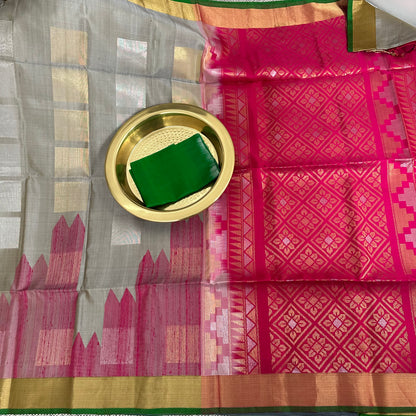 Gray and Pink Pure Kanchipuram Silk Saree with Unique Motifs | SILK MARK CERTIFIED | Wedding Saree | Kanjivaram Silks