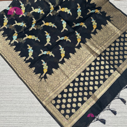Black Banarasi Organza Saree with Floral motifs and Gold zari borders